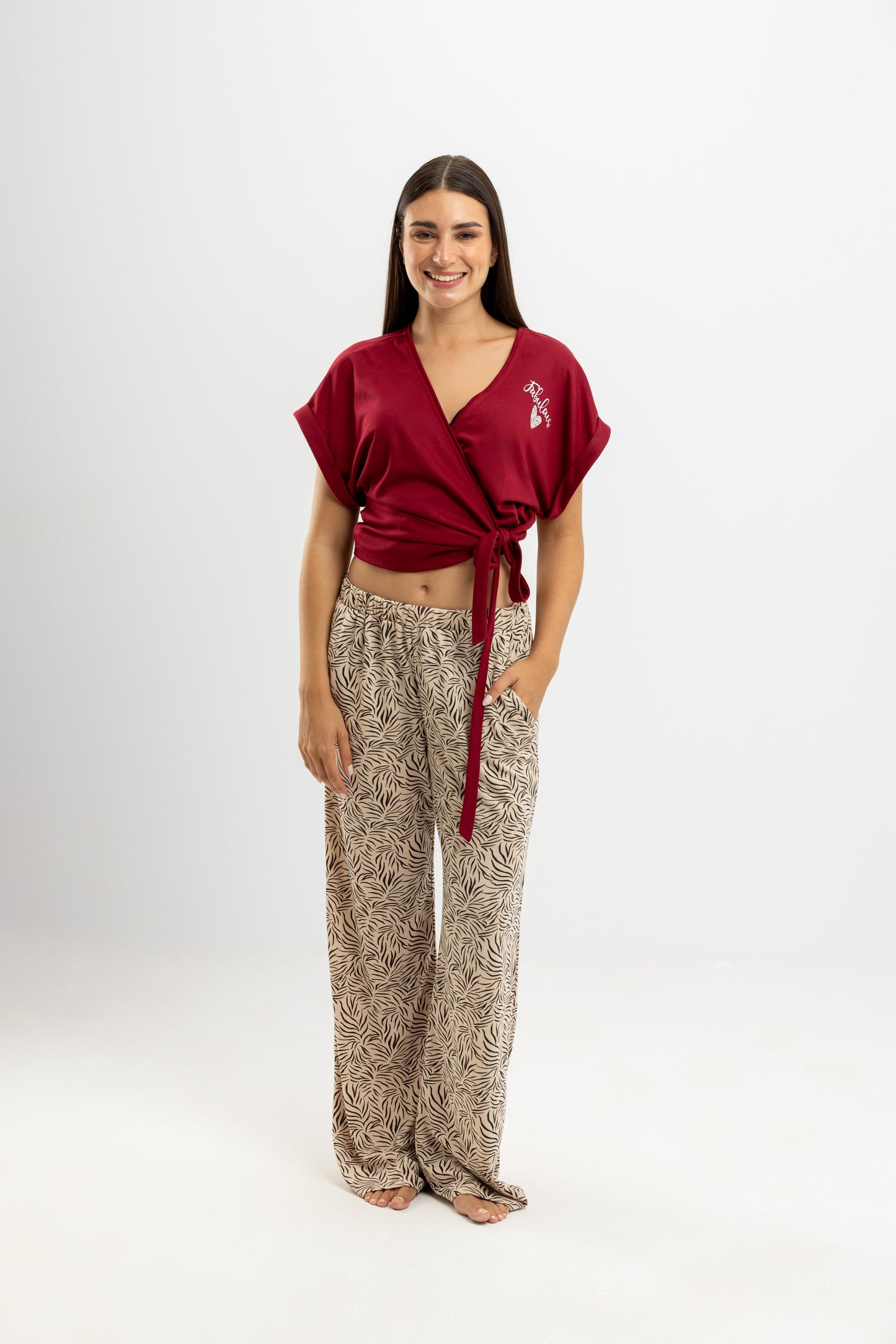 Animal Print summer Tie Full Pyjama Red