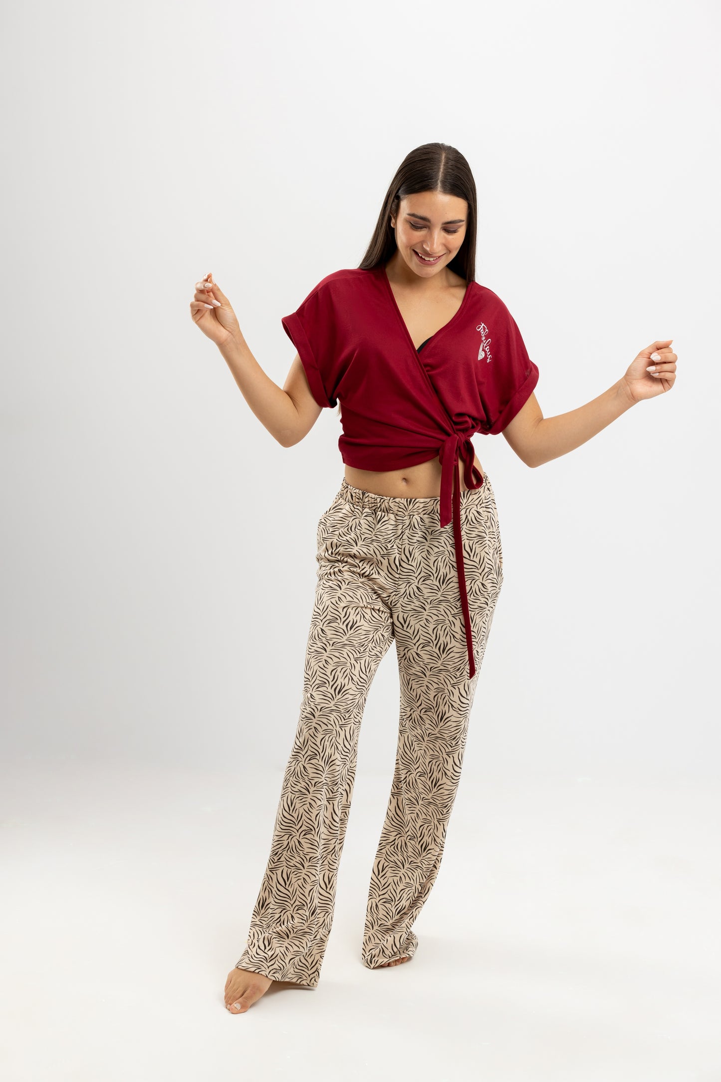 Animal Print summer Tie Full Pyjama Red