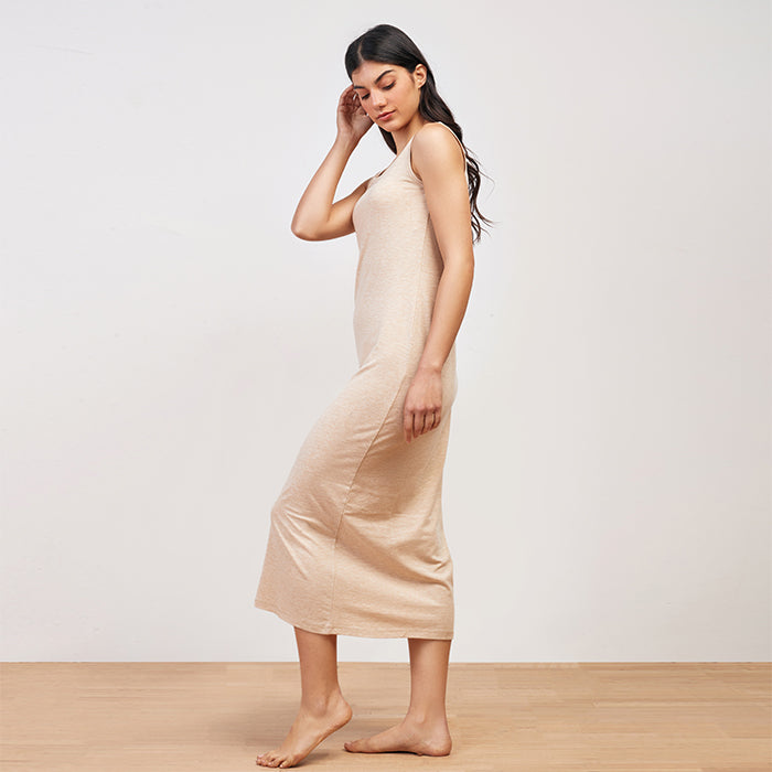Beige Chine Long Summer Dress Sleeveless