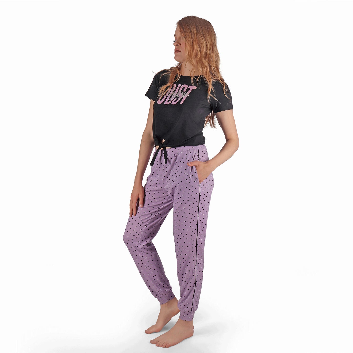 Dots Summer Pyjama Short Sleeve Purple with Tie- Jeresh
