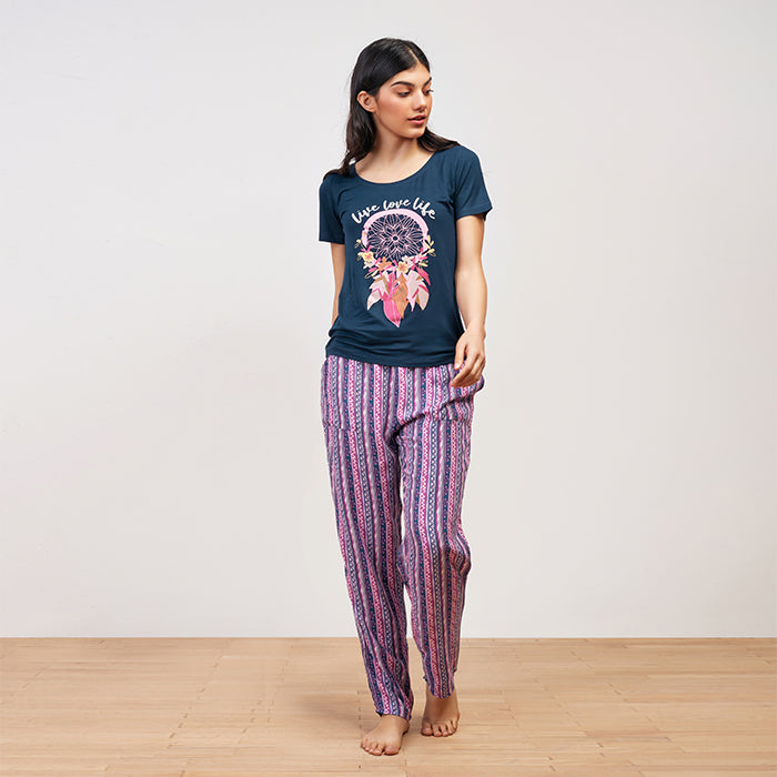 Boho stripe Summer full Pyjama - Dark Navy