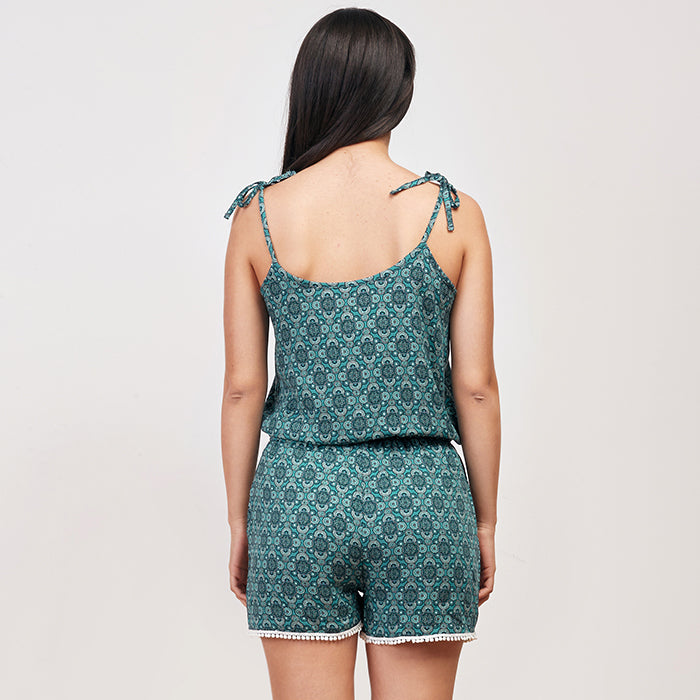 Geo Teal Romper Sleeves Tie Shoulder