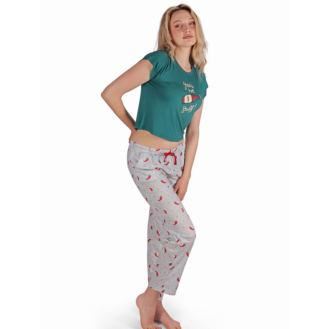 Chilies Summer Crop-Top Short Sleeves Pyjama Green