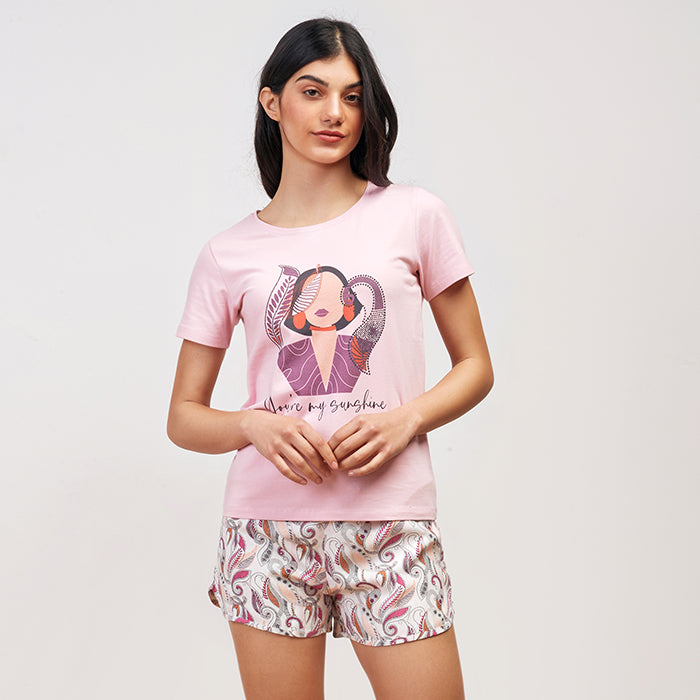 Paisley dots Summer full Pyjama with Short - Rose