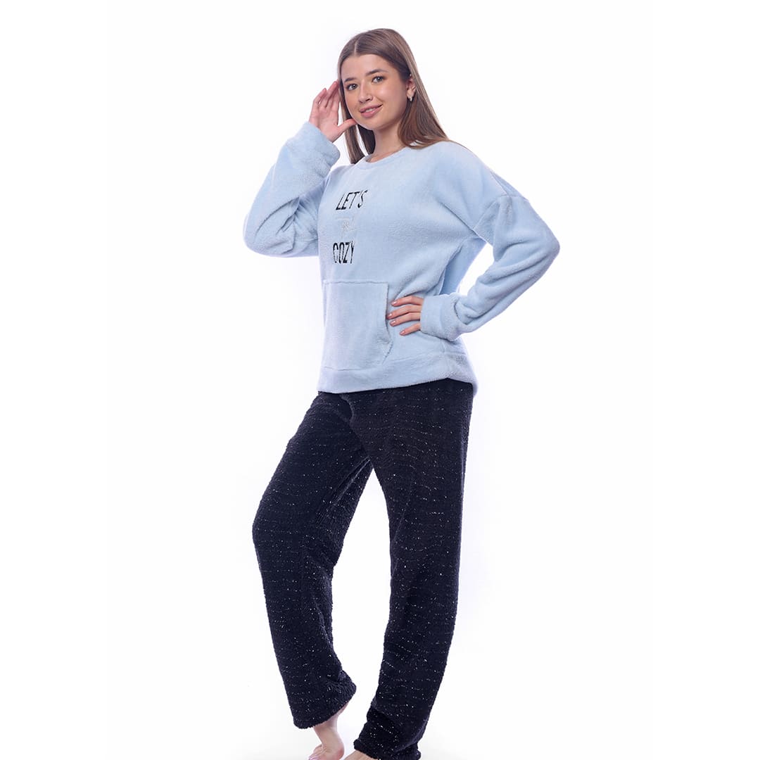 Black Plain Winter Full Pyjama - Baby Blue