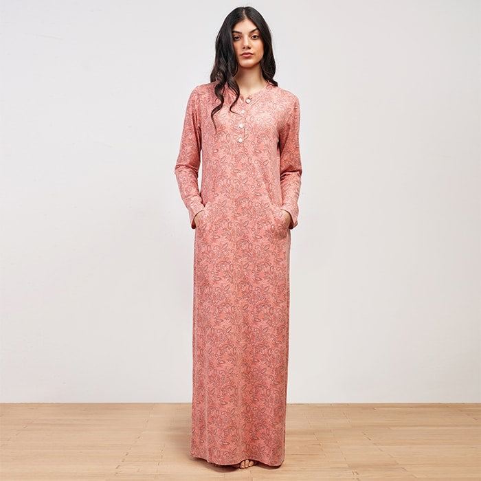 Paisley Crew Neck Patterned Long Sleeve Galabya