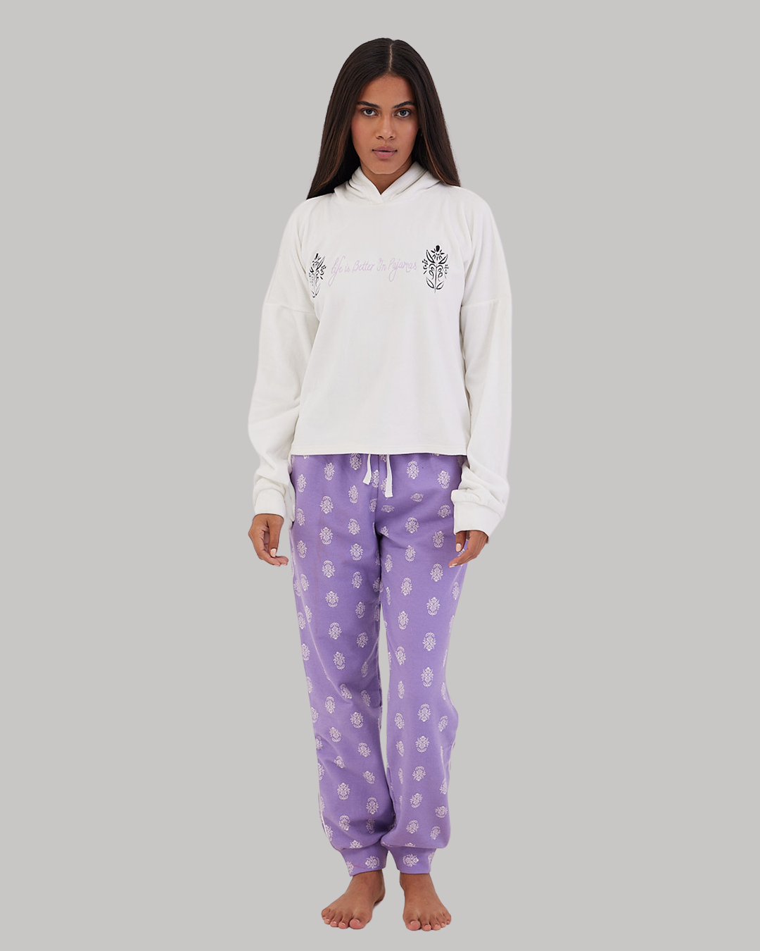 Lavender Motif Winter Full Pyjama White