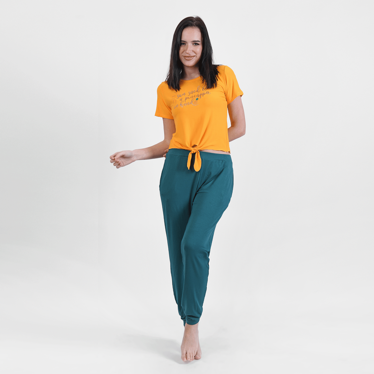 Green Summer Full Pyjama Tie-Hem Top Orange