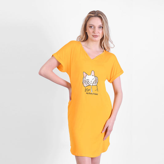 Green Summer Sleeping Shirt V neck Yellow