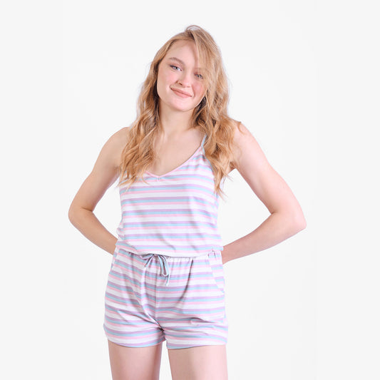 Candy Stripes Summer Romper With Twill Tape Lavander