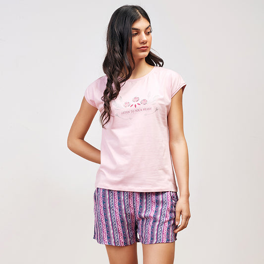 Boho Stripe Short Sleeve Summer Pyjama Pink