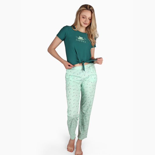 Hippo Summer Pyjama Short Sleeve Front Tie - Tank Green