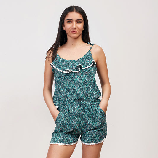 Geo Teal Romper Sleeves Tie Shoulder
