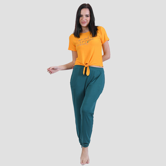 Green Summer Full Pyjama Tie-Hem Top Orange