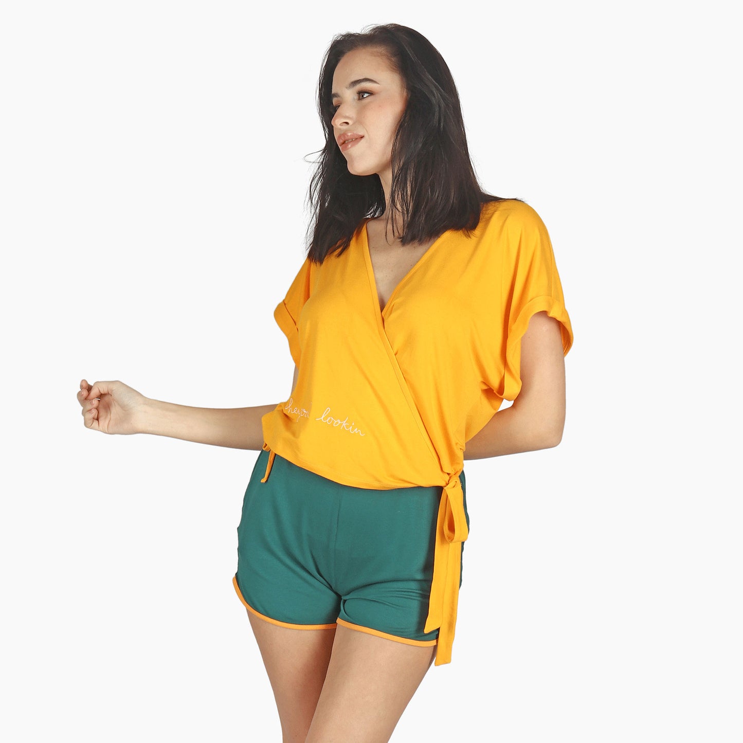 Green Full Summer Pyjama Side Tie Wrap Orange
