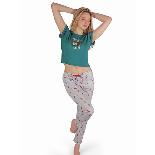 Chilies Summer Crop-Top Short Sleeves Pyjama Green
