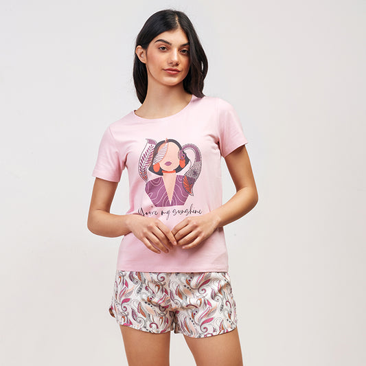 Paisley dots Summer full Pyjama with Short - Rose