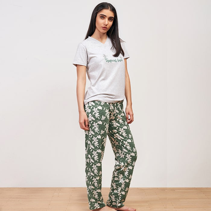 Green flower Summer Full Pyjama - Gray