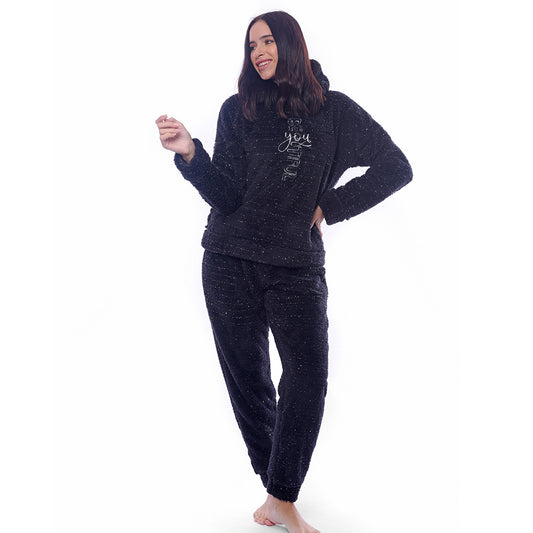 Black Plain Full Winter Pyjama Black