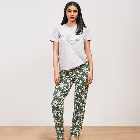 Green flower Summer Full Pyjama - Gray